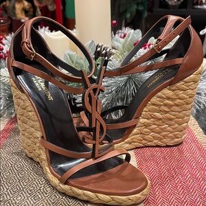 Saint Laurent Tan Leather Wedge Sandals